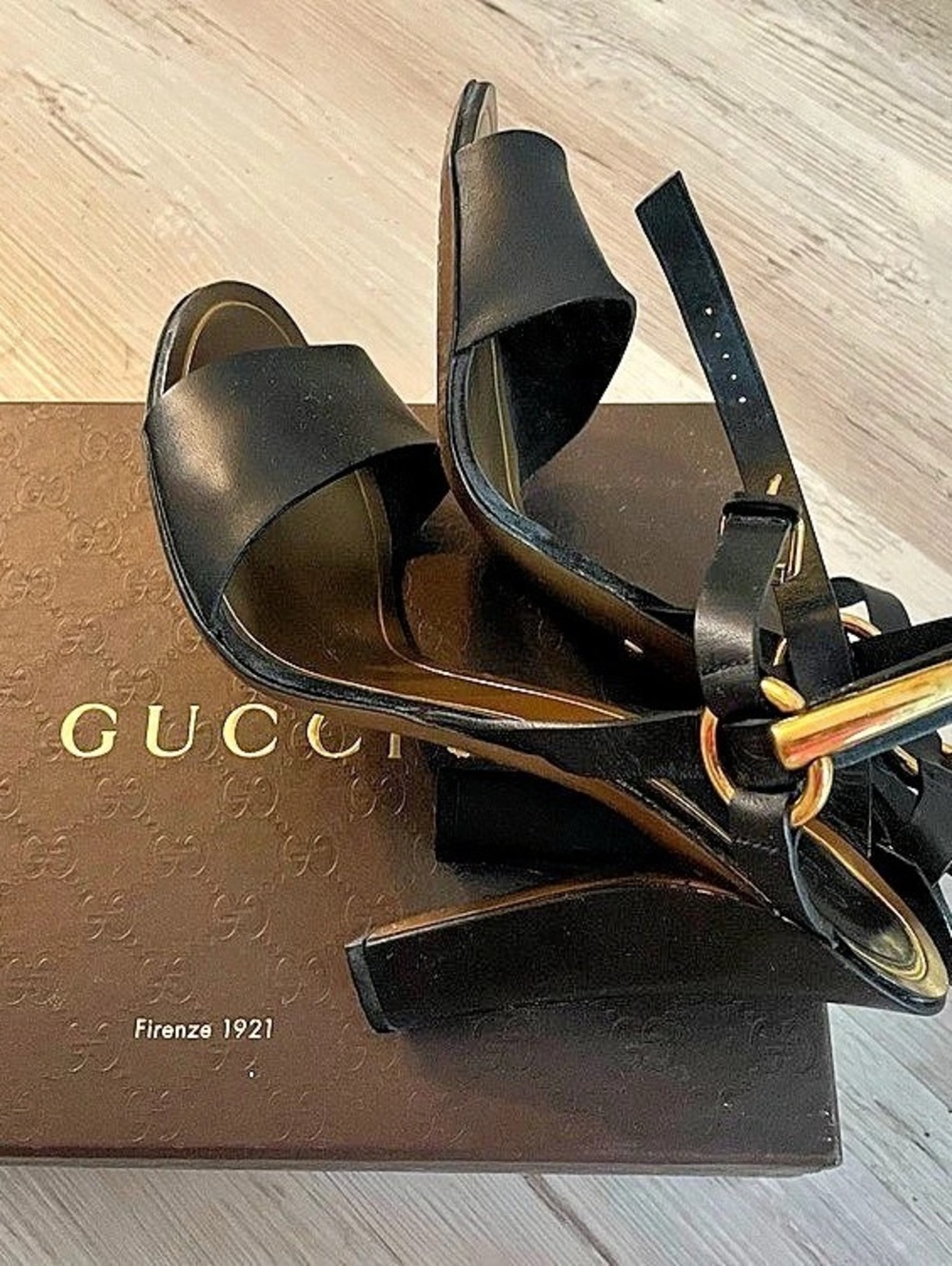 Gucci Horsebit Block Heel Sandal Black & Gold Heels